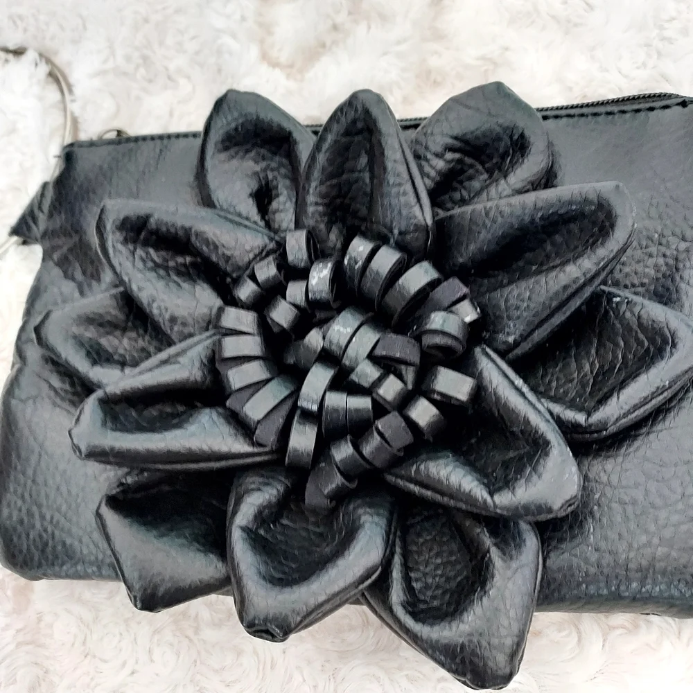 Giannini Black faux leather wrist bag Purse 3D floral detail Artsy Unique Quirky